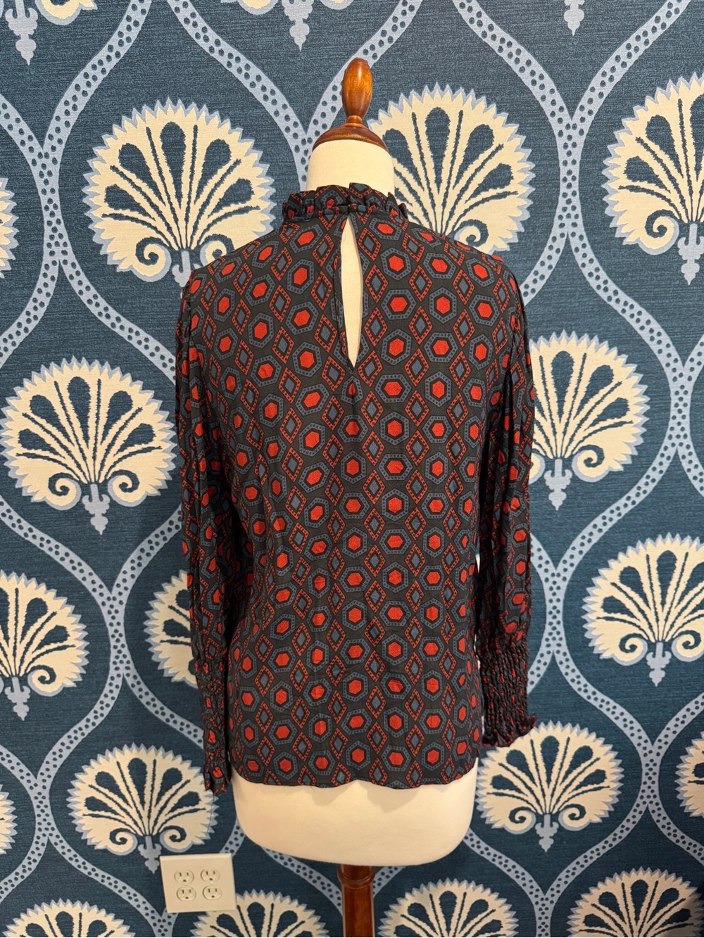 Zara Navy and Red Geometric Ruffle-Neck Blouse - Picture 3 of 4